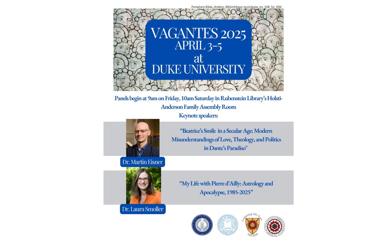 two faculty announcing Vagantes Conference on Medieval Studies